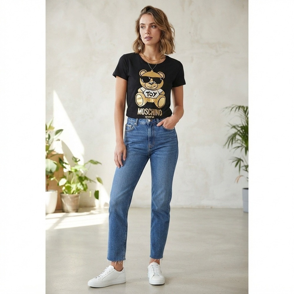Moschino Swim Toy Bear T-Shirt Womens XS Black Gold Excellent Graphic Tee